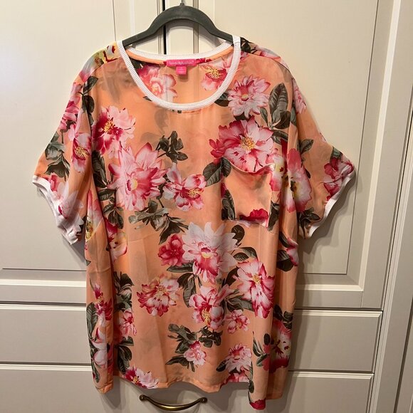 Woman Within Tops - WOMAN WITHIN 2-Pc “Orange Cream” Sheer Floral Short Sleeve Tunic & Tank (Size1X)